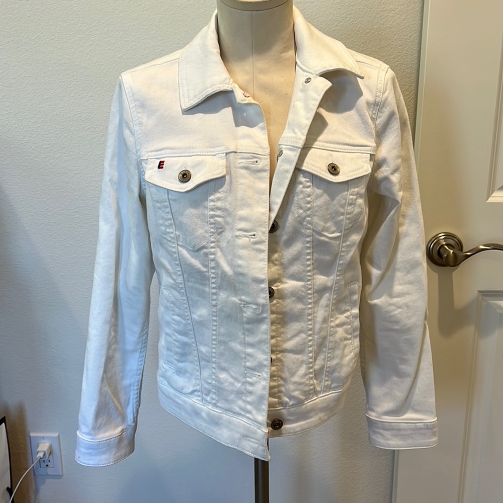 EV1 white jean Jacket. “Love” . Size Small. Never worn